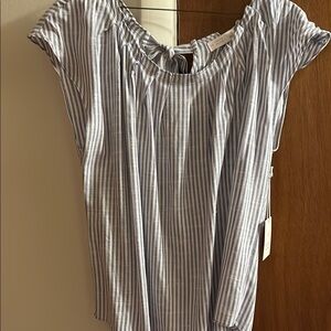 LC Lauren Conrad White and Faded Denim Blue Cap Sleeve Blouse